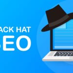 The words Black Hat SEO next to a Black Hat hanging off the side of a laptop.