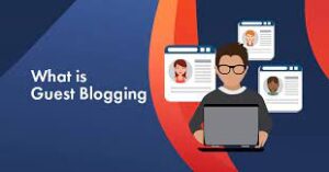 A person sitting behind a laptop next to the text: What is Guest Blogging?